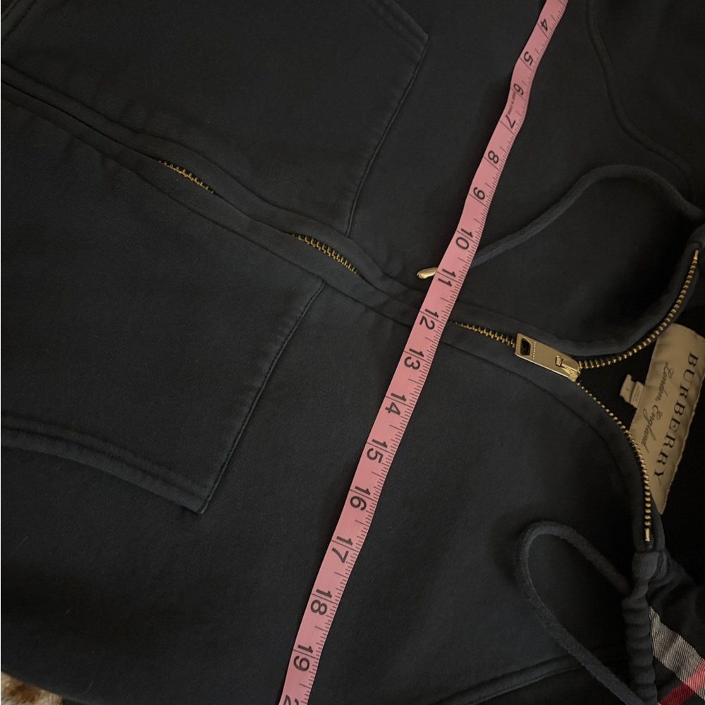 Great condition Burberry Navy Hoodie with Plaid Accent. Gold Burberry zipper. - Picture 16 of 17